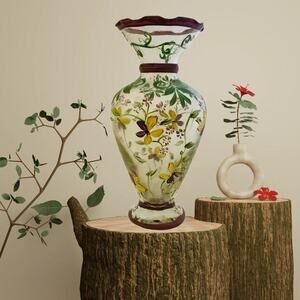 Tracy Porter Hand-Painted Bud Vase Purple Yellow Flowers Ruffled Edge 6.5” Glass